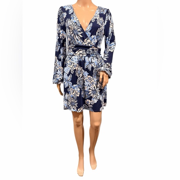 Lilly Pulitzer Dresses & Skirts - Lilly Pulitzer Riza Long Sleeve Dress Romper Low Tide Navy Bouquet All Day Sz M